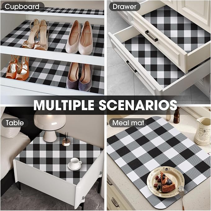 Drawer and Shelf Liner, Non-Slip Kitchen Cabinet Liners Non-Adhesive Thick Strong Grip Waterproof Washable Mats Protect Dresser Shelves Cupboard Bathroom Cabinets, Buffalo Plaid, 12 in X 30 FT