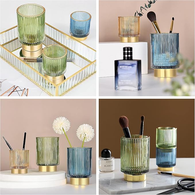 DASITON Makeup Brush holder Organizer,Crystal Cosmetic Makeup Brush Glass Brushes Storage Holder, Vintage Make Up Brush Cup Pen Pencil Holder striped vase(Coffee S)