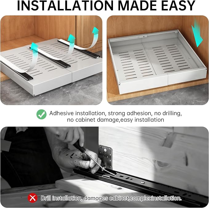 Pull out Cabinet Organizer, 1 pack, 20.5" Deep Heavy Slide out Drawers, Upgrade Three Triple-Slide Rail Systems, Expandable 12.8"-20.8" Roll out Shelf Storage for Kitchen Base Cabinet Organization