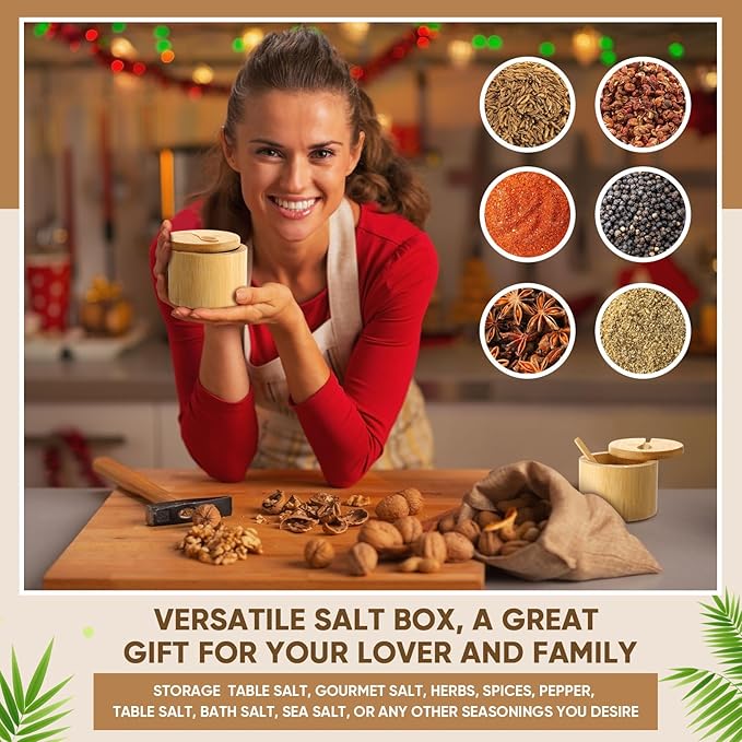 Honeydak 12 Pcs 6oz Bamboo Salt Cellar Salt Container with Magnetic Swivel Lid & Spoon Bamboo Storage Box Kitchen Holder Jar to Storage Pepper Spice Sea Sugar for Countertop (1 Compartment)