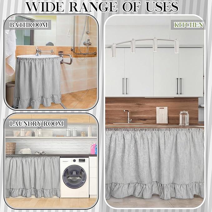 VitalCozy Cabinet Curtain 28" W x 51" L Grey Ruffles Sink Skirt for Bathroom Kitchen Grey Strips Short Curtain for Home Classroom Drape Under Desk Privacy Drape for Laundry Room