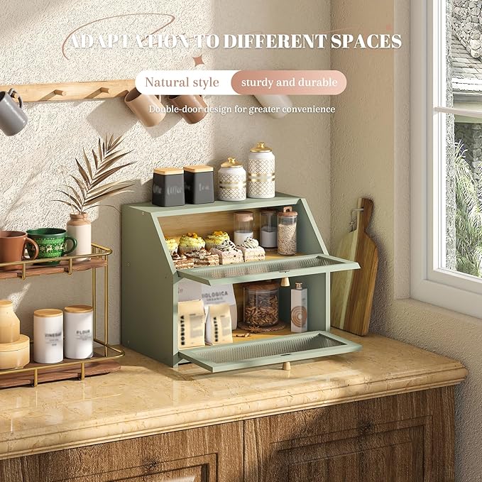 STDDRE Bread Box for Kitchen Countertop Bin Double Layer Bread Box Storage Container Extra Large Capacity Farmhouse with Diamond Pattern Windows (Green, Large)