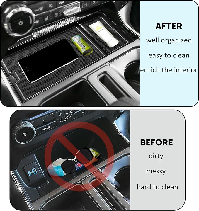 Center Console Organizer Tray for Ford F150 2021-2024/Lightning XLT 2022-2024 Interior Accessories Hidden Insert Storage Box with USB Hole Fit Front Shifter Open Pocket (Gray)