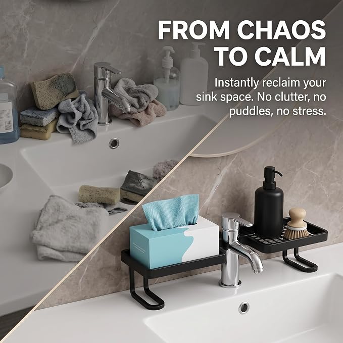 Behind The Faucet Sink Organizer with 20-Pack Pull-Out Microfiber Cloths, No-Drill U-Shaped Bathroom Countertop Shelf, Holds 10 Lbs, Quick Drain Washbasin Space Saver (Black)
