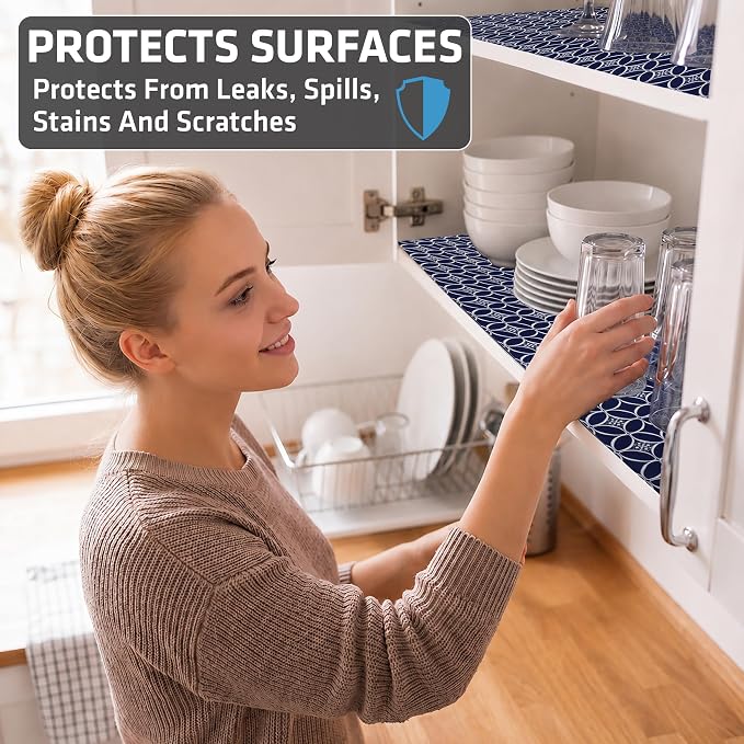 Drymate Premium Luxury Shelf & Drawer Liner, Thick Cushioned Fabric, Non-Adhesive, Absorbent, Waterproof, Slip-Resistant, Liners for Kitchen Cabinets, Cupboards (USA Made)(12”x59”)(24-Pack)(Indigo)