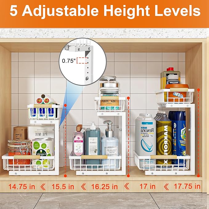 REALINN Under Sink Organizer, 2 Pack Height Adjustable Under Sink Organizers and Storage, 2 Tier Pull Out Drawer Cabinet Storage for Kitchen Bathroom, White