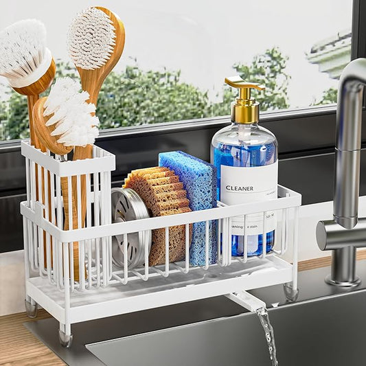 Cisily Sponge Holder for Kitchen Sink, Sink Caddy Organizer with High Brush Holder, Kitchen Countertop Organizers and Storage Essentials, Rustproof 304 Stainless Steel (Cool White, Large)