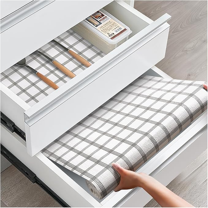 Drawer and Shelf Liner, Non-Slip Kitchen Cabinet Liners Non-Adhesive Thick Strong Grip Waterproof Washable Mats Protect Dresser Shelves Cupboard Bathroom Cabinets, White Stripes, 24IN X 10FT