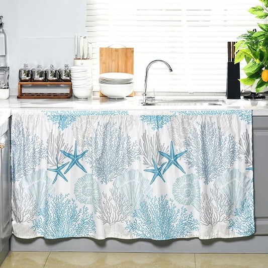 VitalCozy Cabinet Curtains 28" W x 51" L Sink Skirt for Bathroom Kitchen Summer Blue Ocean Coral Dishwasher Curtain for Home Farmhouse Rustic Drape Under Desk Privacy Drape for Laundry Room