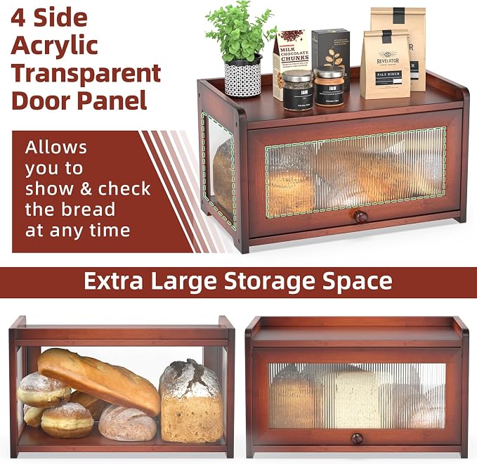 BAMBANG Bamboo Bread Box for Kitchen Countertop, Extra Large Farmhouse Bread Box with 4-Side Clear Panels, Wooden Bread Storage Container for Homemade Bread, Brown