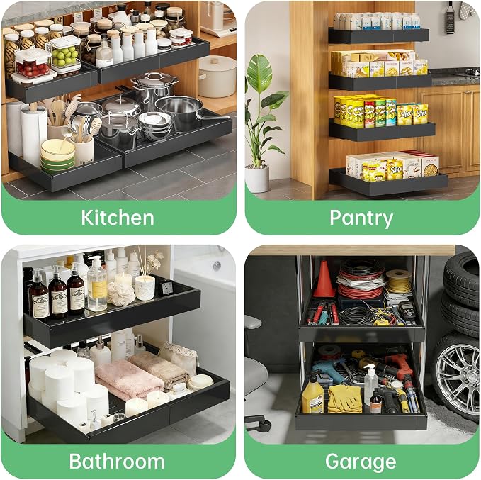 Pull out Cabinet Organizer, 2 pack, 20.5" Deep Heavy Slide out Drawers, Upgrade Three Triple-Slide Rail Systems, Expandable 12.8"-20.8" Roll out Shelf Storage for Kitchen Base Cabinet Organization