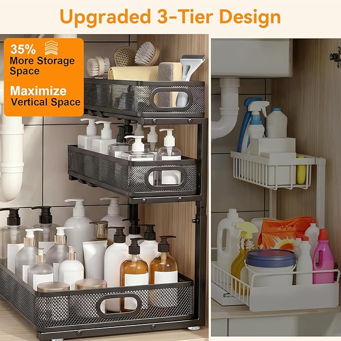 Under Sink Organizer for Bathroom, 3 Tier Adjustable Height Under Sink Storage, Sliding Pull Out Cabinet Organizer Shelf, Metal Multi-Purpose Cabinet Organizer for Kitchen (1 Pack, Black)