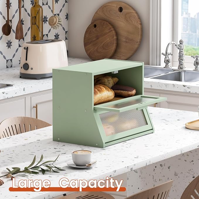 GHWIE Double Layer Bamboo Bread Box for Kitchen Counter,Large Capacity Bread Storage Bin,Bread Container with Acrylic Wavy Door Panel (Light Green, Medium)