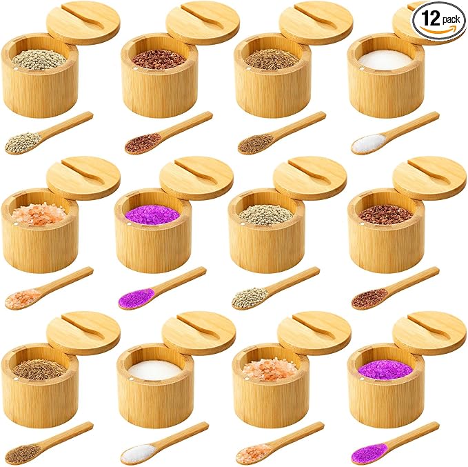 Honeydak 12 Pcs 6oz Bamboo Salt Cellar Salt Container with Magnetic Swivel Lid & Spoon Bamboo Storage Box Kitchen Holder Jar to Storage Pepper Spice Sea Sugar for Countertop (1 Compartment)