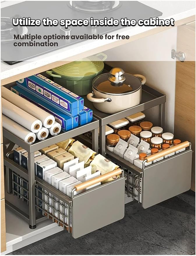 Pull Out Shelf Kitchen Storage Drawer- Slide Out Drawers for Kitchen Cabinets No Drill Shelves(Gray,40x23x39 cm)