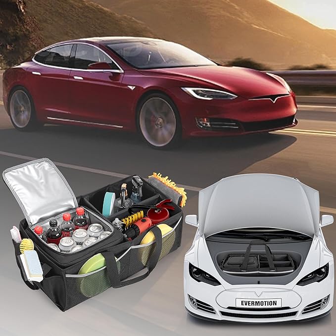 GRAOSO Front Trunk Organizer with Cooler Bag Compatible with Tesla Model 3 / Model Y, Frunk Storage Bag Collapsible with Multi-Compartment for Trip Accessories, Tools, Food and Drink, Black