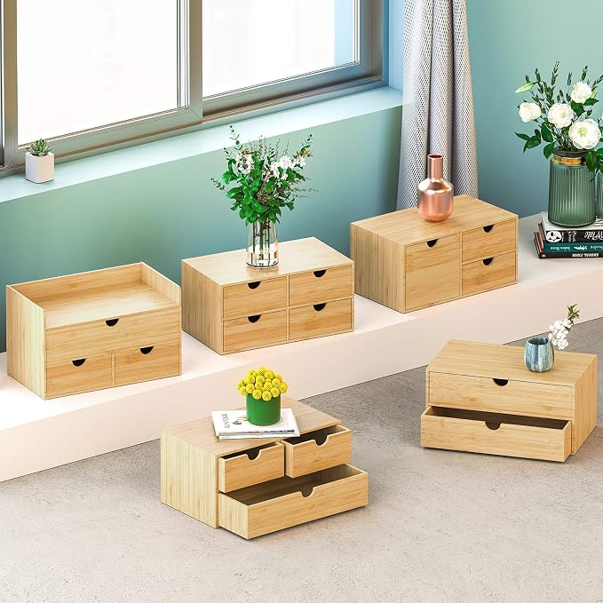 Wisuce Bamboo Desk Drawer Organizer, Desktop Organizer with Drawers Tabletop Storage Organization Box for Office Home Toiletries Supplies Vanity, No Assembly Required(1 with shelf-3 Drawers)
