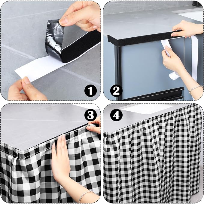 Fabric Sink Skirt Diamond Bathroom Stitch Self Stick Adhesive Waterproof Fabric Under Sink Curtain Skirt 55 x 32 Inch Adds Bathroom Storage(Black and White,Classic Style)