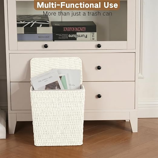 iEGrow Paper Rope Trash Can,Bathroom Trash Can with Lid, 3 Gallon Wicker Waste Basket with Removable Liner, for Bedroom, Living Room, Toilet, Under Sink Creamy White