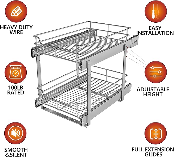 JOWBOOW 2-Tier Cabinet Pull Out Shelves (20" W x 22" D), Slide Out Shelves for Kitchen Cabinets, Metal Pots and Pans Organizer for Under Cabinet