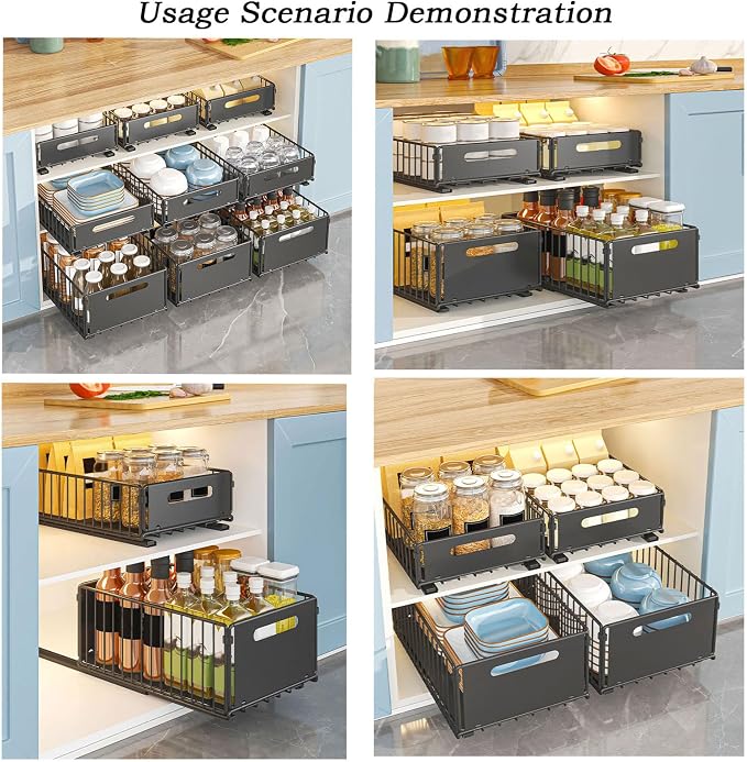 Pull Out Cabinet Organizers Large Capacity with Nano Adhesive Tallened Guardrail Anti Fall Design for Bathroom & Kitchen Cabinets Pantries (White, S-1Pcs +L-1Pcs)