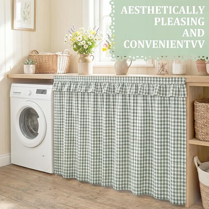 Green Ruffle Gingham Sink Skirt Self-Adhesive Bathroom Stitch Self Stick Adhesive Fabric Under Sink Curtain Skirt 55'' x 32'' for Bathroom Kitchen Laundry Utility Room Decor (32 x 55in)