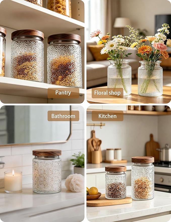 Vintage Glass Jars with Wood Lids - 24 OZ Airtight Storage Container for Kitchen Pantry Bathroom, Decorative Canisters for Coffee Beans, Brown Sugar, Cookie, Candy, Tea Bag, Dog Treat, Flour, Set of 2
