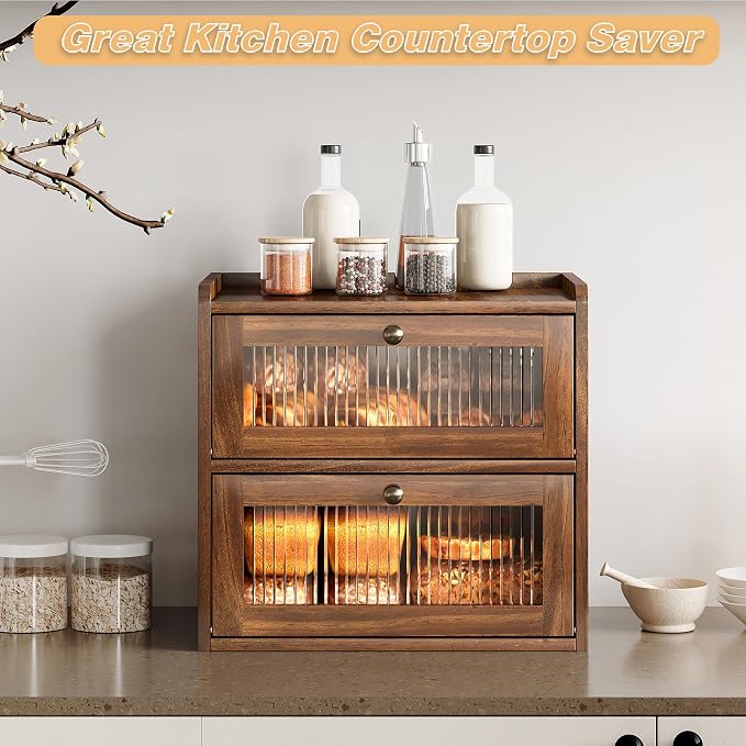 Alpeir Double Layer Large Bread Box for Kitchen Countertop, Retro Brown | Ventilation Hole, Longer Fresh, Natural Wood, Fit Homemade Bread & Baked, Extra Top Storage, Acrylic Window, Farmhouse Style