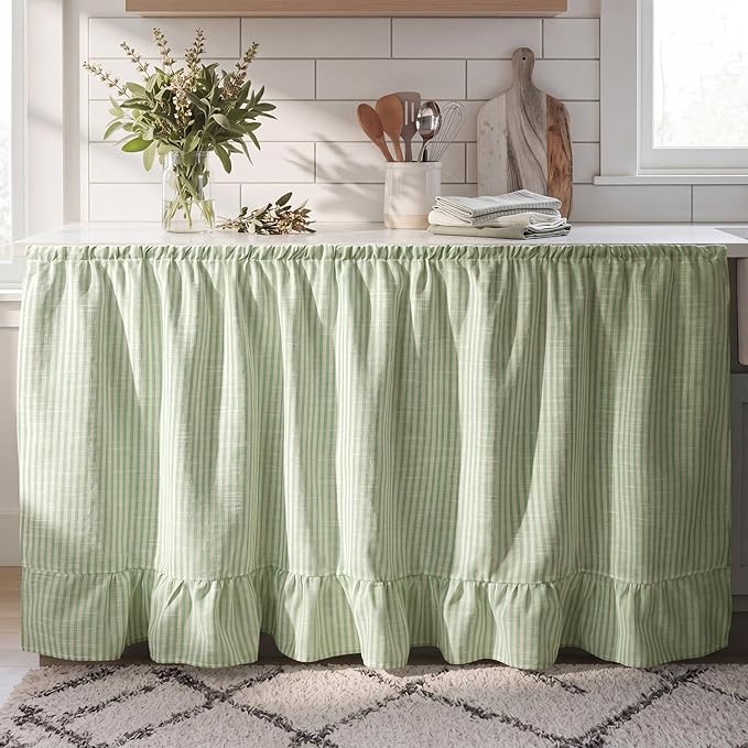 VitalCozy Cabinet Curtain 28" W x 51" L Sink Skirt for Bathroom Kitchen Sage Green Stripes Ruffles Spring Short Curtain for Home Classroom Farmhouse Drape Under Desk Privacy Drape for Laundry Room