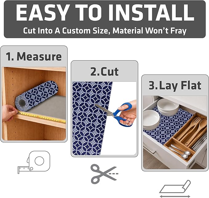 Drymate Premium Luxury Shelf & Drawer Liner, Thick Cushioned Fabric, Non-Adhesive, Absorbent, Waterproof, Slip-Resistant, Liners for Kitchen Cabinets, Cupboards (USA Made)(12”x59”)(24-Pack)(Indigo)