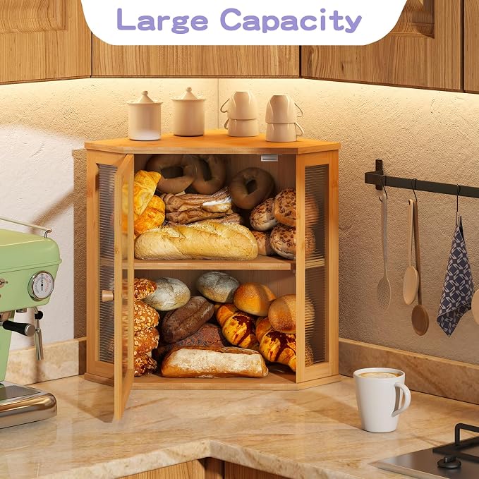 Corner Bread box for Kitchen Countertop,Farmhouse Bread Box with Acrylic Wavy Door Panel,Large Bread box for kitchen countertop,Food Storage Container (Natural, Extra Large)