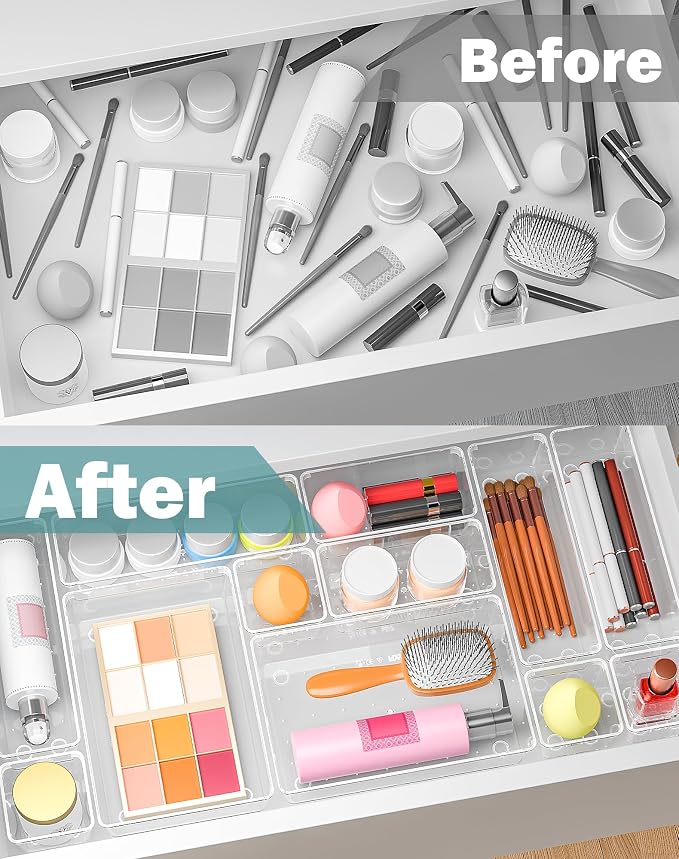 30Pcs Clear Plastic Drawer Organizers Set, 4size makeup drawer organizer trays for vanity,desk,bathroom,office,nightstand,gadgets for kitchen drawer, Versatile drawer divider storage bins