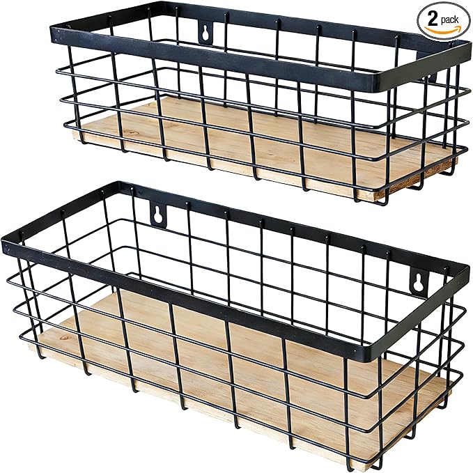ShabbyDecor Metal Wire Basket Detachable Wood Base Storage Organizer Farmhouse Hanging Basket for Kitchen Cabinets, Bathroom, Pantry, Laundry Room Set of 2,Black Color