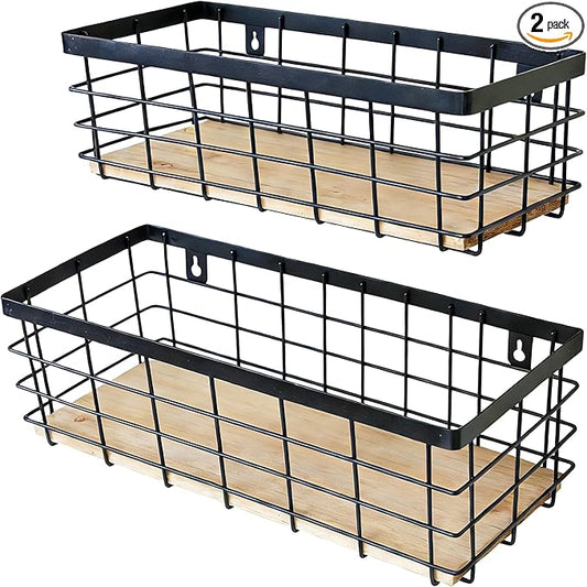 ShabbyDecor Metal Wire Basket Detachable Wood Base Storage Organizer Farmhouse Hanging Basket for Kitchen Cabinets, Bathroom, Pantry, Laundry Room Set of 2,Black Color