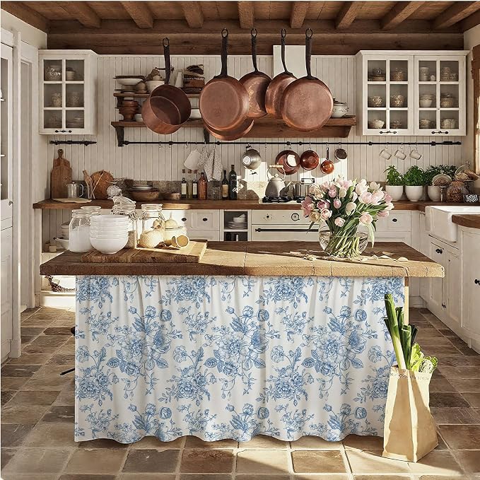 MUGINYU Blue Vintage Floral Short Curtains for Kitchen &Classroom,28" W x 51" L Sink Skirt for Bathroom Cabinet Curtains,Farmhouse Cottage Core Closet Dishwasher Curtain with Velcro