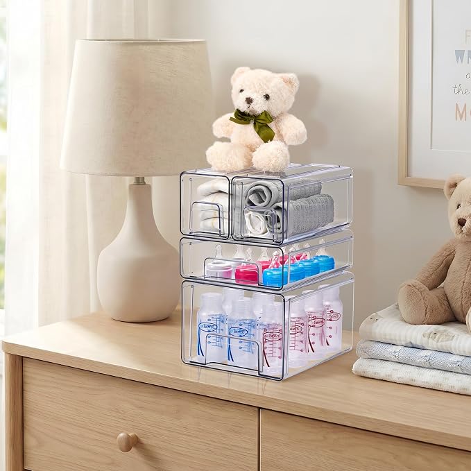 Sorbus Clear Stackable Storage Drawers, 4-Piece Set 1 Large, 1 Medium & 2 Small Pull-Out Plastic Organizer Bins with Handles for Bathroom, Closet, Pantry, Cabinet & Medicine Storage
