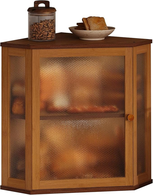 Corner Bread Box for Kitchen Countertop,Bread Storage for Homemade Bread, Double Layer Large Bamboo Kitchen Storage Bin with Window (Brown, Large)