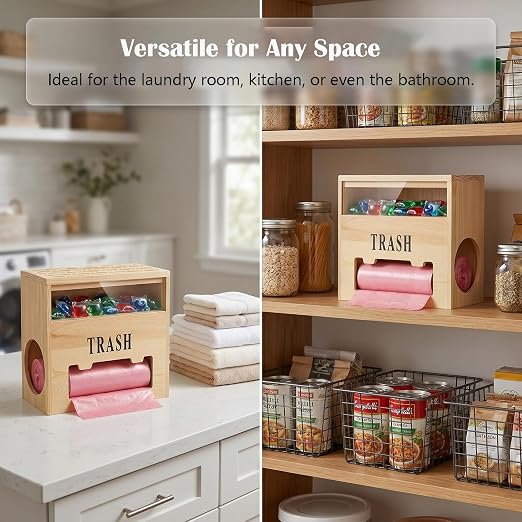 2-in-1 Trash Bag Dispenser & Dishwasher Laundry Pods Container, Large Wooden Trash Bag Holder with Magnetic Flip Lids, Garbage Bag Dispenser for Kitchen Pantry Laundry Room Under Sink Organizer