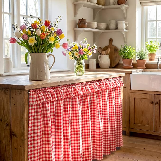 Red Ruffle Gingham Sink Skirt Self-Adhesive Bathroom Stitch Self Stick Adhesive Fabric Under Sink Curtain Skirt 55'' x 32'' for Bathroom Kitchen Laundry Utility Room Decor (32 x 55in)