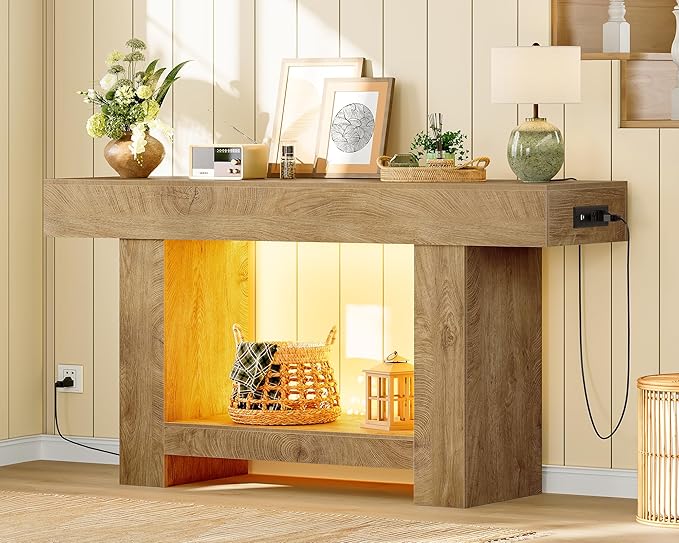 63" Long Console Table, Entryway Table with Charging Station and Adjustable LED Light, 2-Tier Sofa Table, Behind The Couch Table, Farmhouse Narrow Console Tables for Entryway, Living Room, Hallway