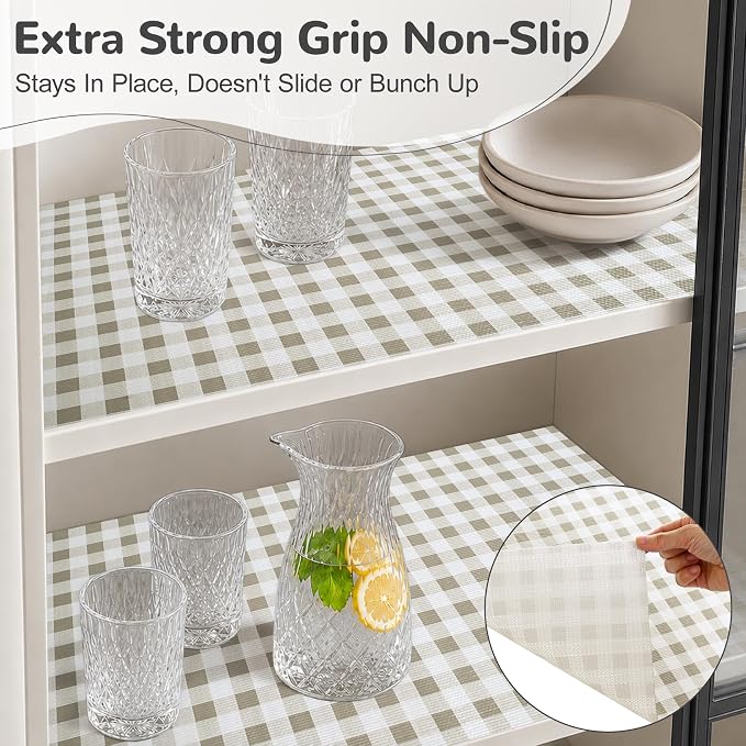 Green Gingham Drawer Liner, Non-Adhesive Shelf and Kitchen Cabinet Protector, 11.8IN x 20FT Non-Slip Strong Grip Waterproof Contact Paper, Smooth Surface Liners for Cabinets, Bathrooms, Cupboard