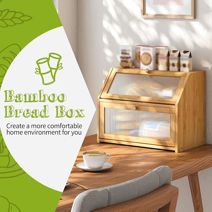 BMOSU Large Bread Box for Kitchen Countertop,Double Layer Bread Box for Kitchen Counter,Bamboo Wood Bread box Capacity Bin Storage(Natural)