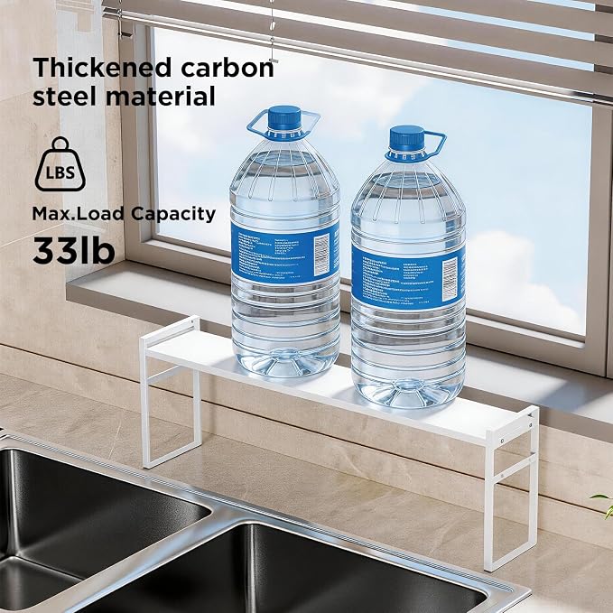 2 Tier Expandable Stackable Narrow Shelf Organizer, Tall Countertop Organizer for Tight Spaces, Windowsill Plant Stand, Over-Sink/Faucet Shelf, Kitchen Storage, Bathroom Vanity, Laundry Room (White)