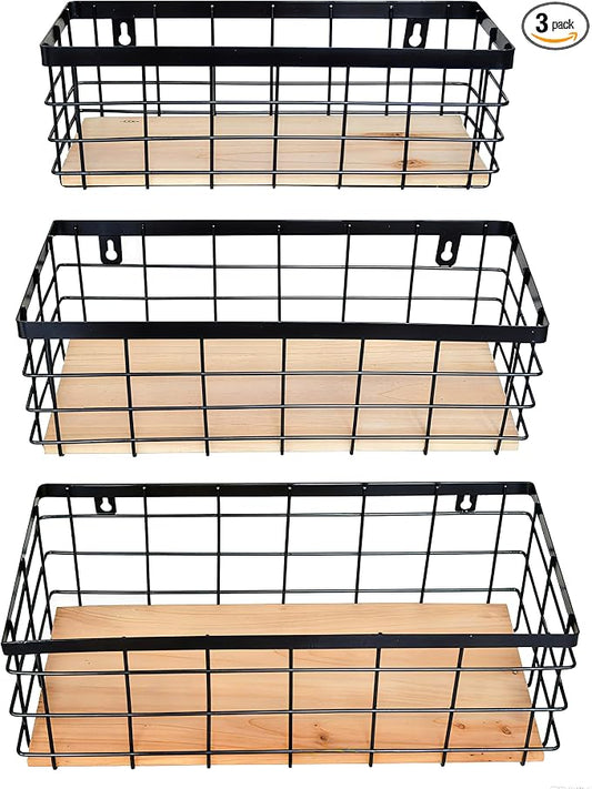 ShabbyDecor Metal Wire Basket Detachable Wood Base Storage Organizer Farmhouse Hanging Basket for Kitchen Cabinets, Bathroom, Pantry, Laundry Room Set of 3,Black Color