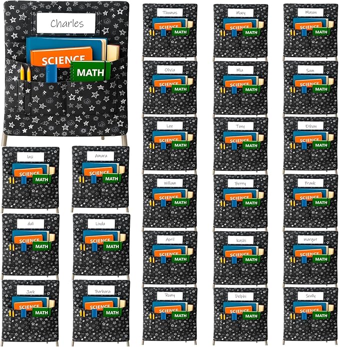 25 PCS Chair Pockets for Classroom Chairs, 15"W x 19"H Seat Sacks with 5 Pockets, Durable 600D Oxford Student Chair Bag Organizer with Name Tag Slot for K-5 Kindergarten School, Black