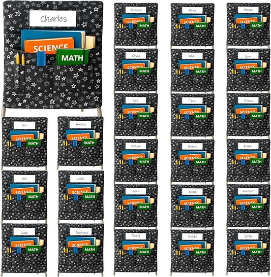 25 PCS Chair Pockets for Classroom Chairs, 15"W x 19"H Seat Sacks with 5 Pockets, Durable 600D Oxford Student Chair Bag Organizer with Name Tag Slot for K-5 Kindergarten School, Black