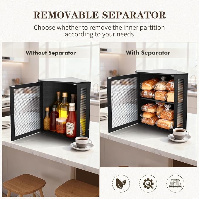 Extra Large Corner Bread Box - Bamboo Bread Box for Kitchen Countertops, Large Capacity Kitchen Bread Storage and Organizer with Corrugated Acrylic Wavy Window (Black)