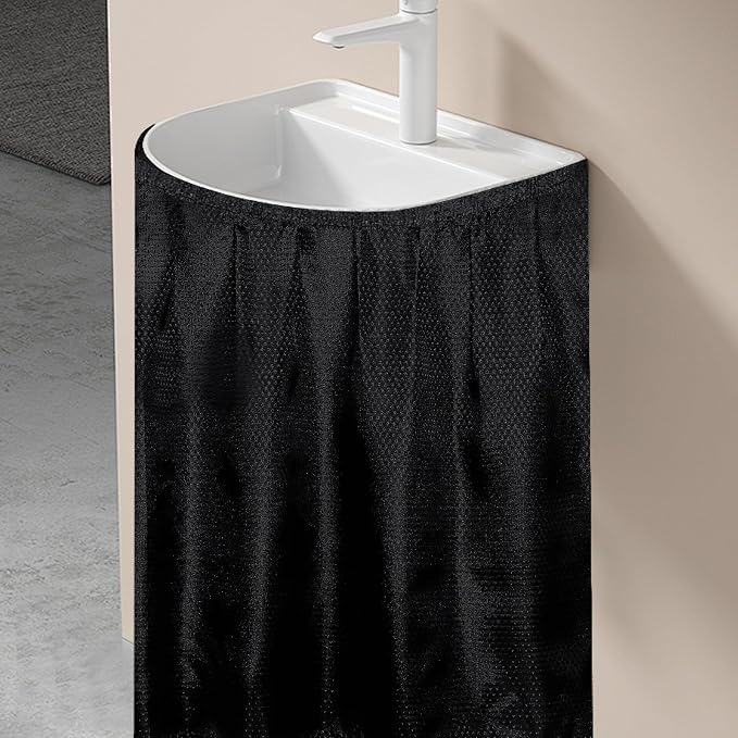 Fabric Sink Skirt for Pedestal Sinks – Waterproof Under Sink Curtain Skirt to Hide Cleaning Supplies – Self-Adhesive, Easy Install, 55 x 32 Inch Bathroom Storage Solution(Black)