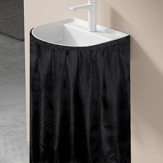 Fabric Sink Skirt for Pedestal Sinks – Waterproof Under Sink Curtain Skirt to Hide Cleaning Supplies – Self-Adhesive, Easy Install, 55 x 32 Inch Bathroom Storage Solution(Black)