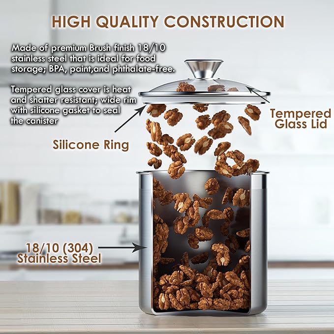 Cooks Standard Classic Stainless Steel Food Jar Storage Canister Set Large, Airtight Containers with Glass Lid for Tea Coffee Sugar Flour Pantry Kitchen Counter, 4-Piece